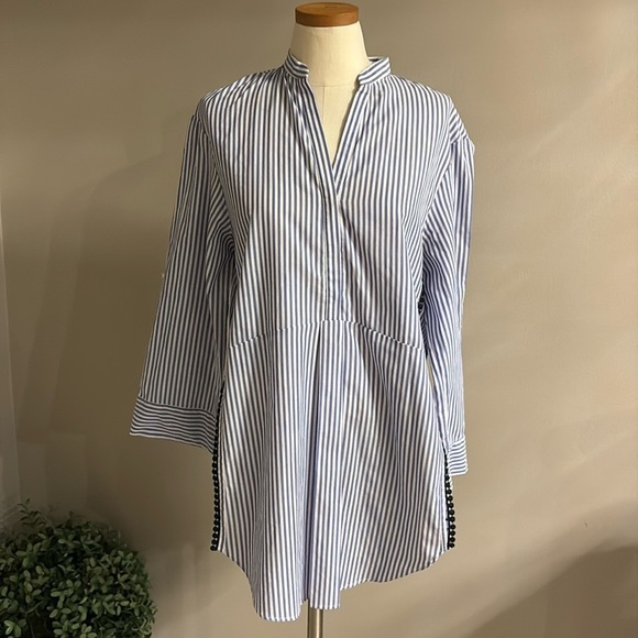 ZARA women’s relaxed fit striped 1/2 button down tunic blouse shirt open sides S - Picture 1 of 15